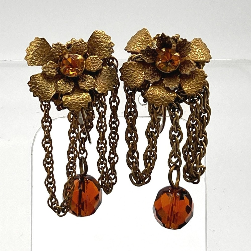 Miriam Haskell Vintage Signed Amber Crystal Floral Screw Back Chain Drop Earring
